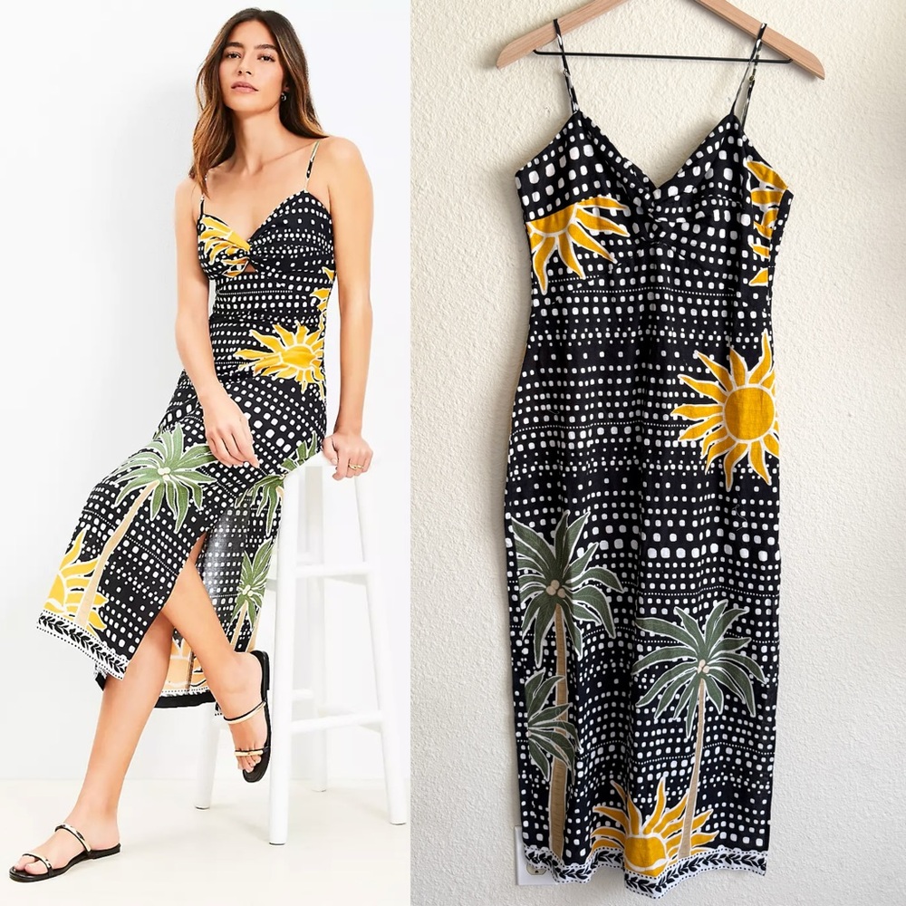 LOFT Black Midi Dress with Yellow Sun & Green Palm Print
